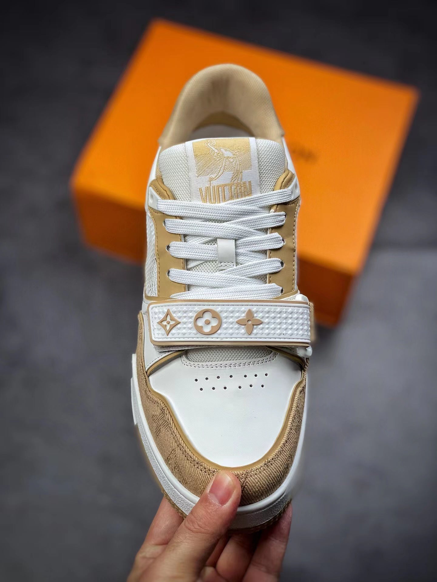 LV Trainers Velcro Strap Monogram Denim Beige