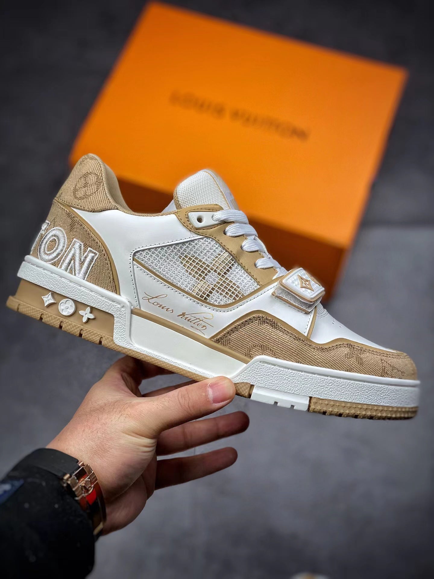 LV Trainers Velcro Strap Monogram Denim Beige
