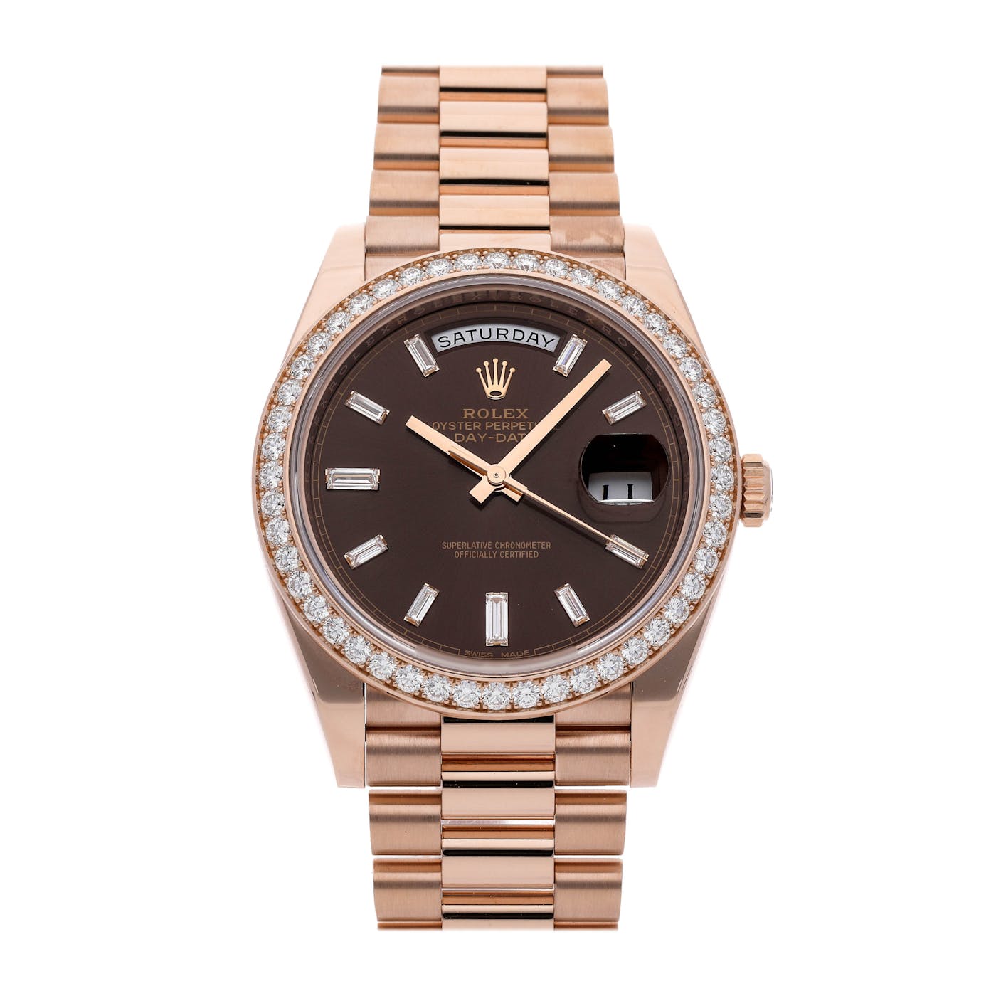 Rolex Day Date 40 Rose Gold Factory Diamond Bezel and Chocolate Baguette Dial 228345RBR