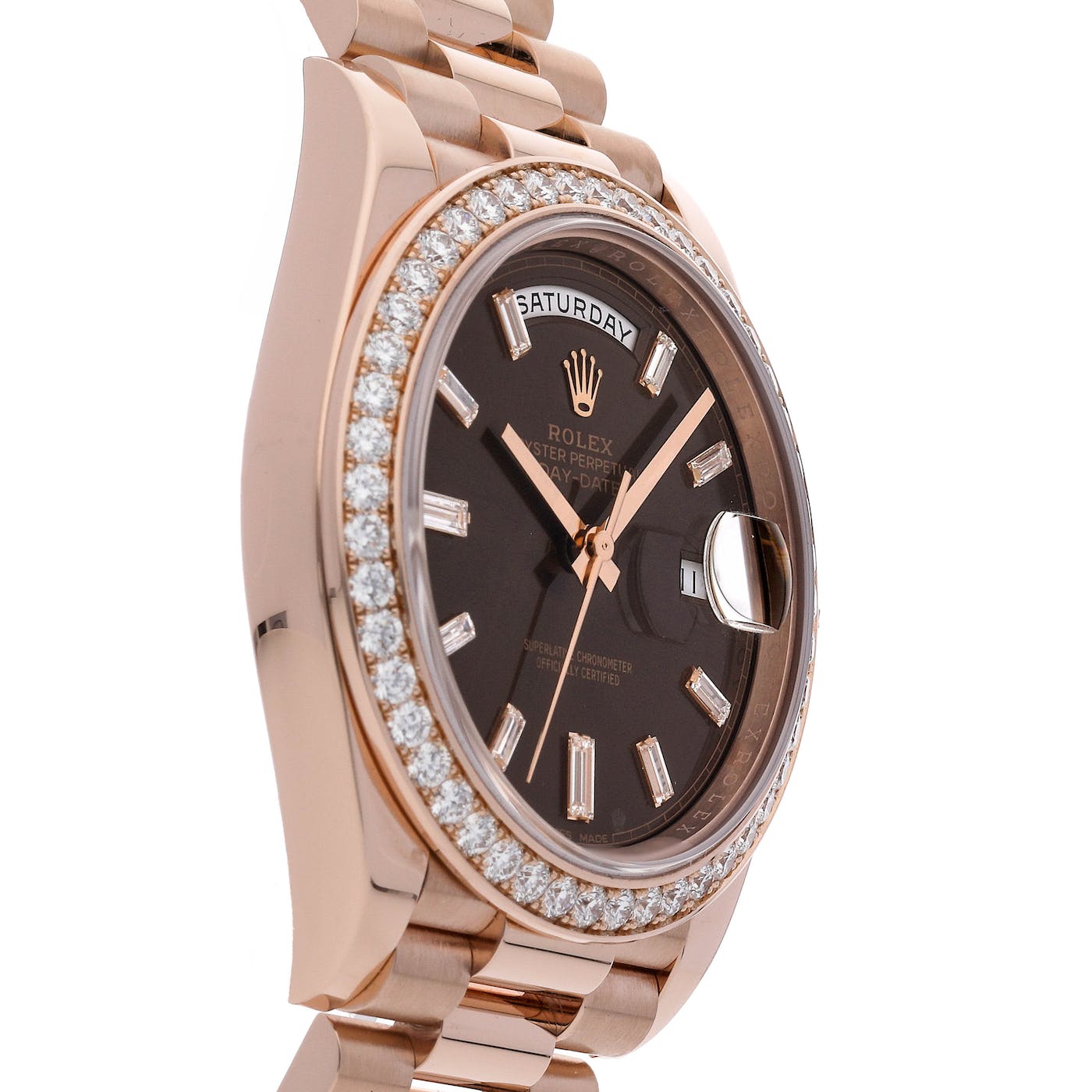 Rolex Day Date 40 Rose Gold Factory Diamond Bezel and Chocolate Baguette Dial 228345RBR