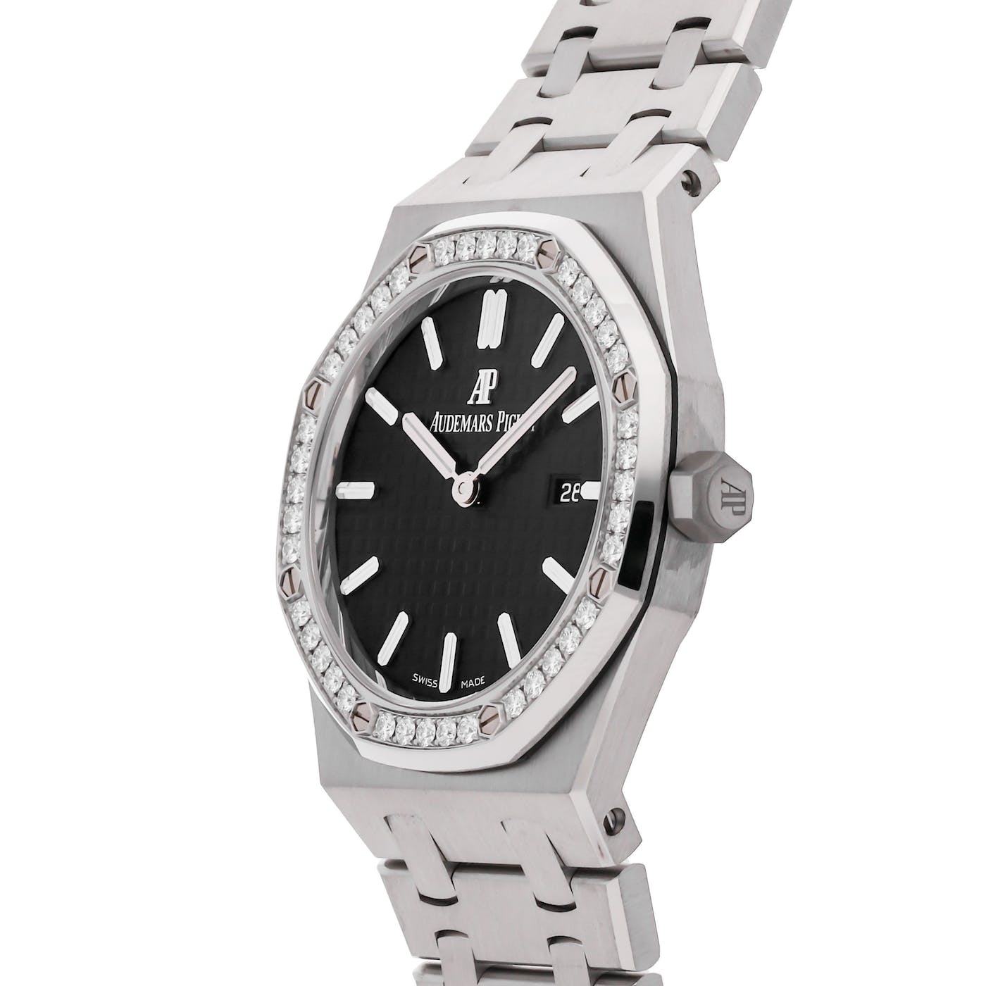 Audemars Piguet Royal Oak Stainless Steel Ladies with Factory DIamond Bezel Black Dial 33mm 67651ST