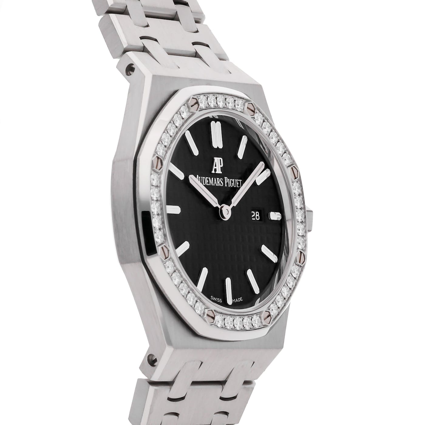 Audemars Piguet Royal Oak Stainless Steel Ladies with Factory DIamond Bezel Black Dial 33mm 67651ST