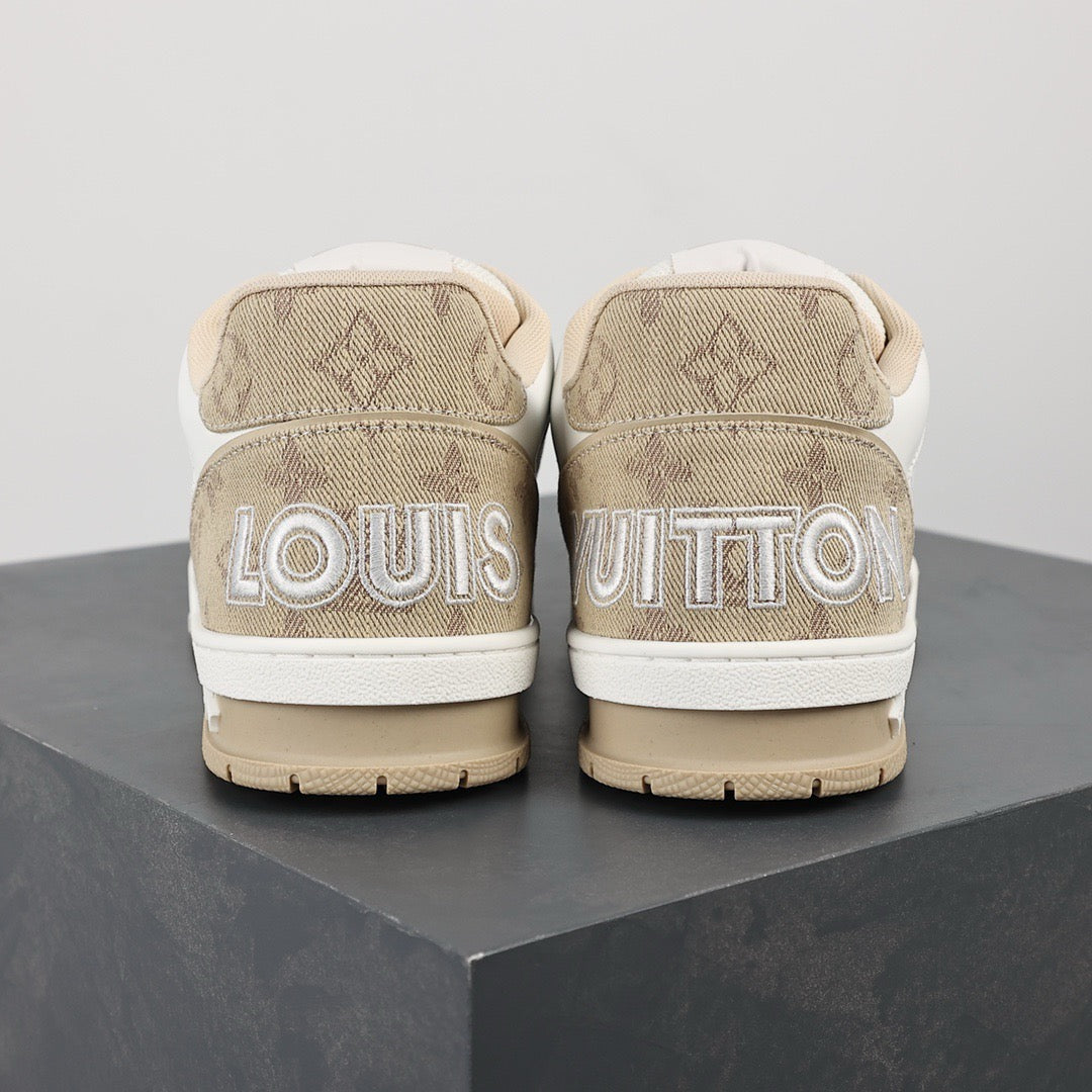 LV Trainers Velcro Strap Monogram Denim Beige