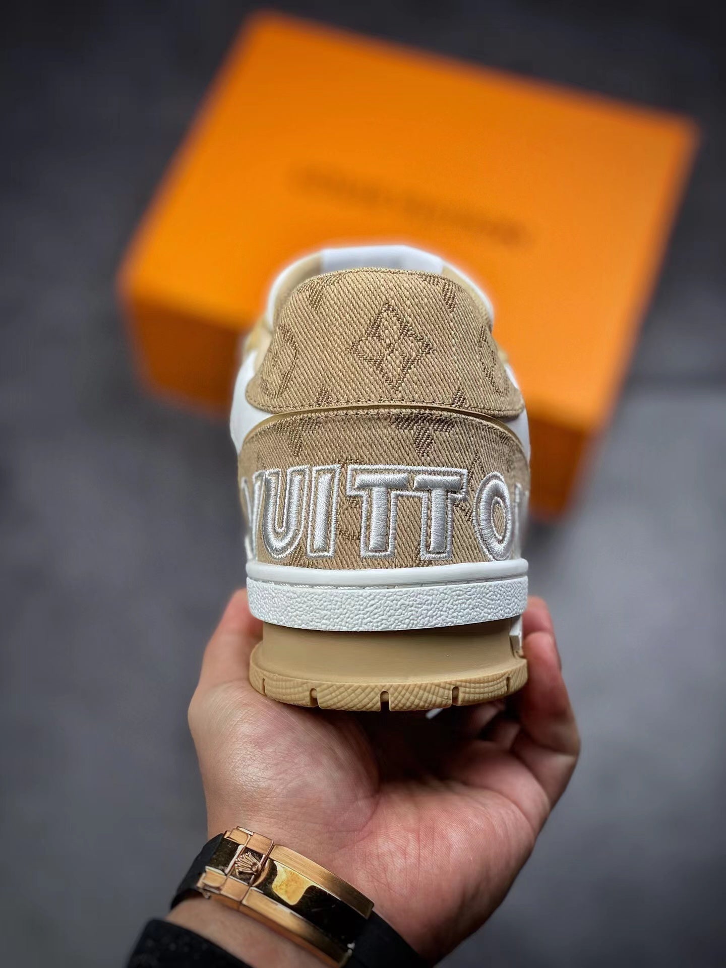 LV Trainers Velcro Strap Monogram Denim Beige