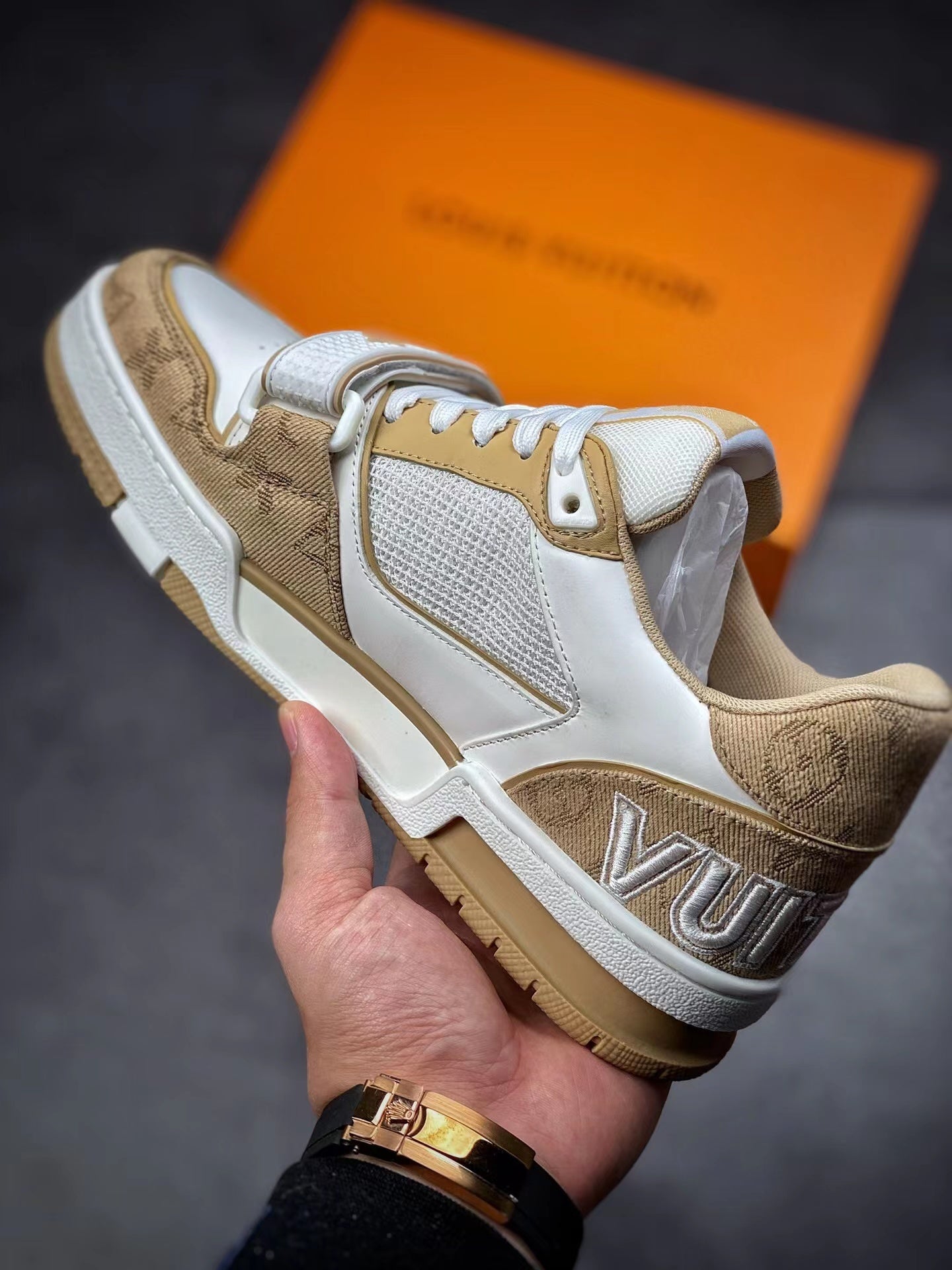 LV Trainers Velcro Strap Monogram Denim Beige