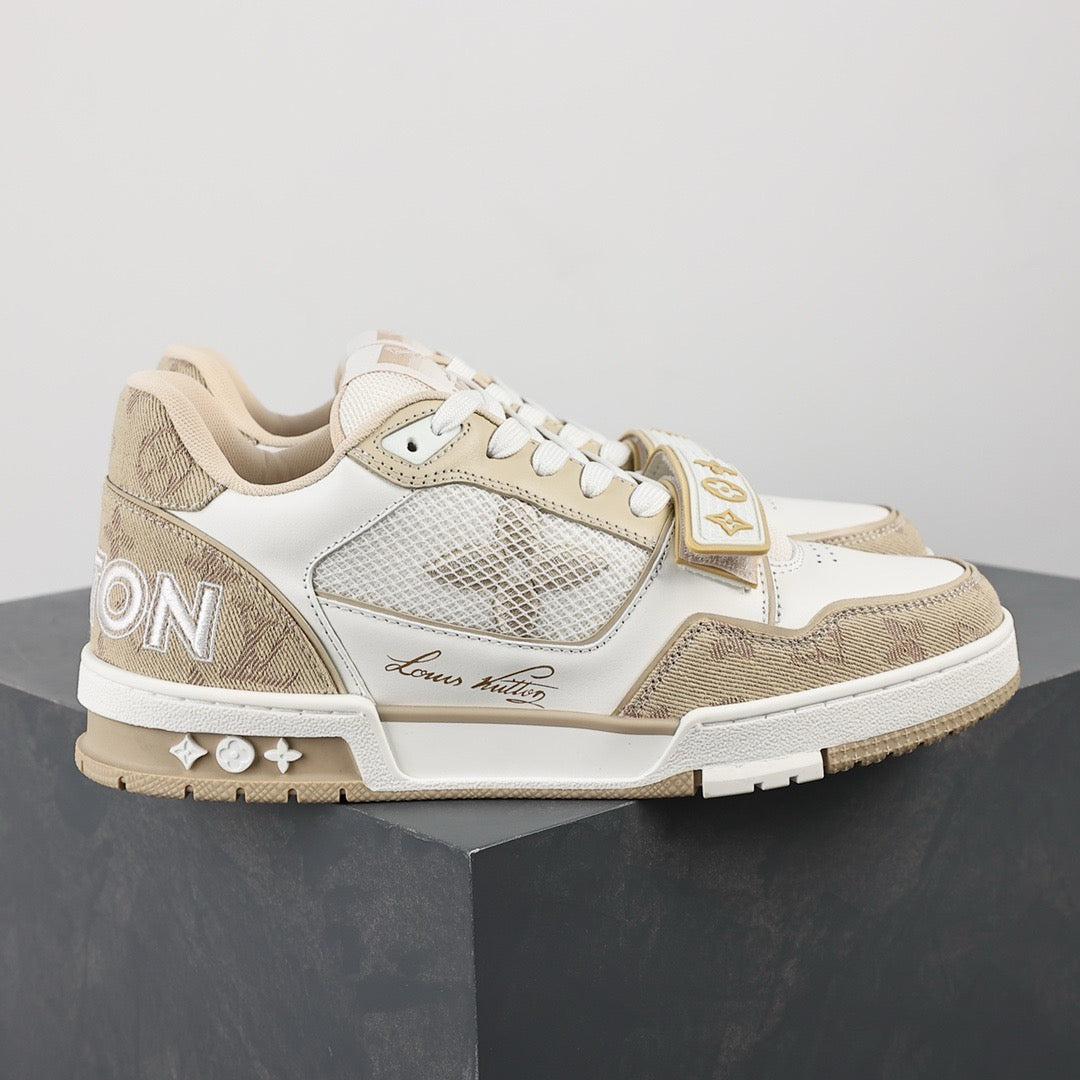 LV Trainers Velcro Strap Monogram Denim Beige