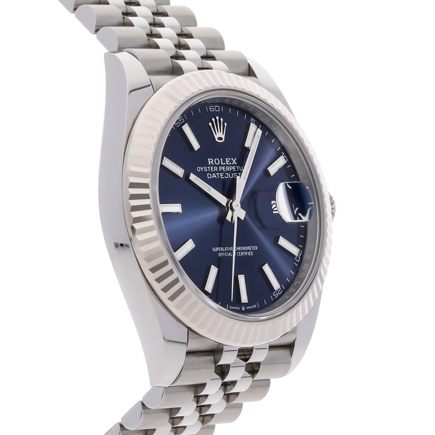 Rolex Datejust 41 Stainless Steel with White Gold Fluted Bezel Blue Index Jubilee 126334