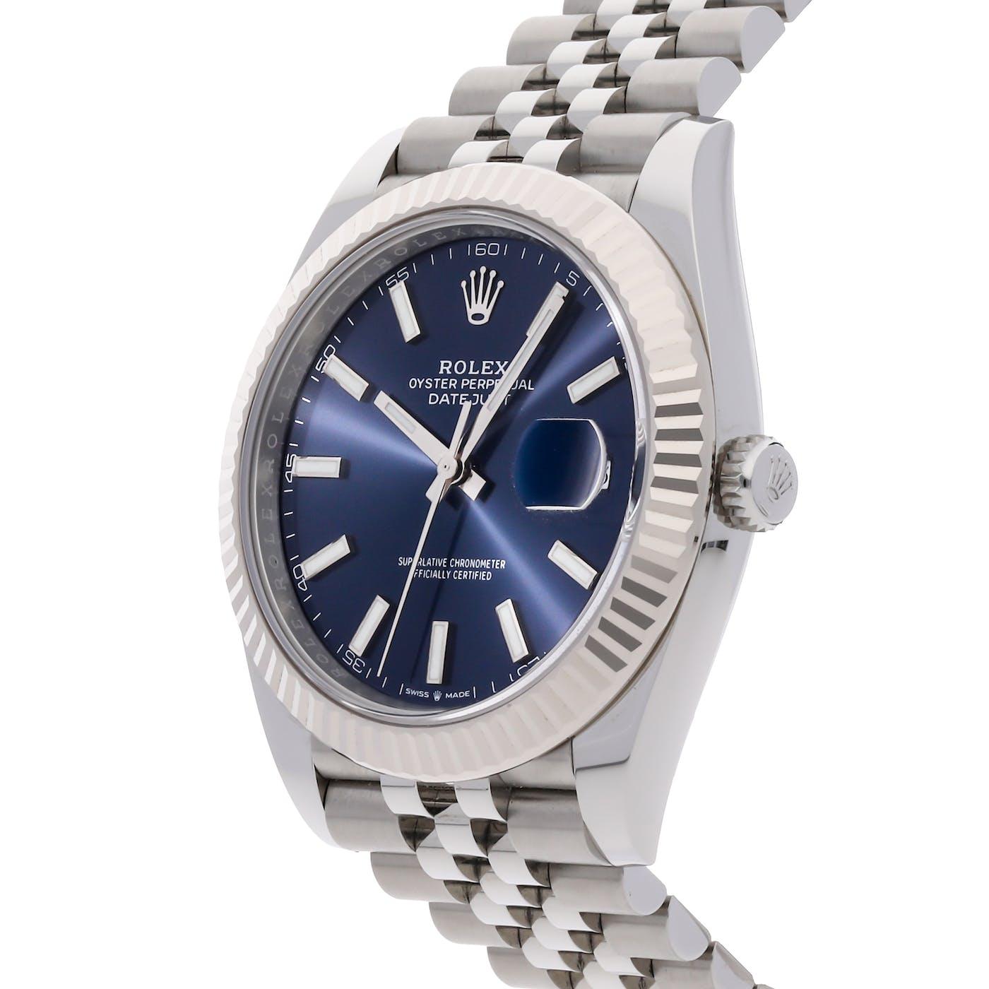 Rolex Datejust 41 Stainless Steel with White Gold Fluted Bezel Blue Index Jubilee 126334