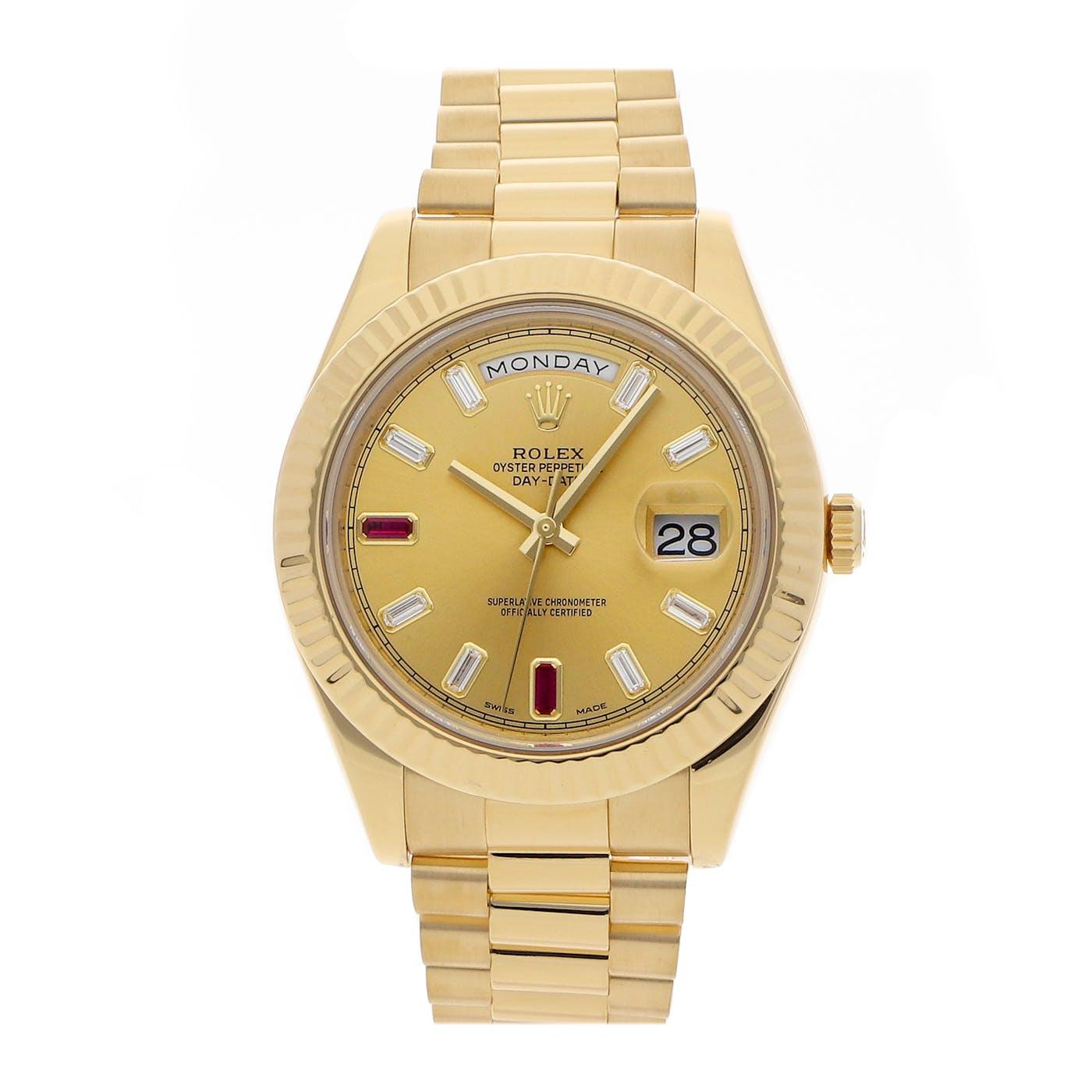 Rolex Day Date 2 41mm Yellow Gold Ruby and Baguette Diamond Dial 218238