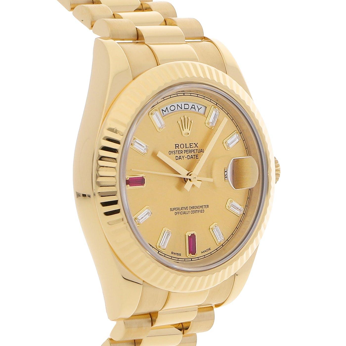 Rolex Day Date 2 41mm Yellow Gold Ruby and Baguette Diamond Dial 218238