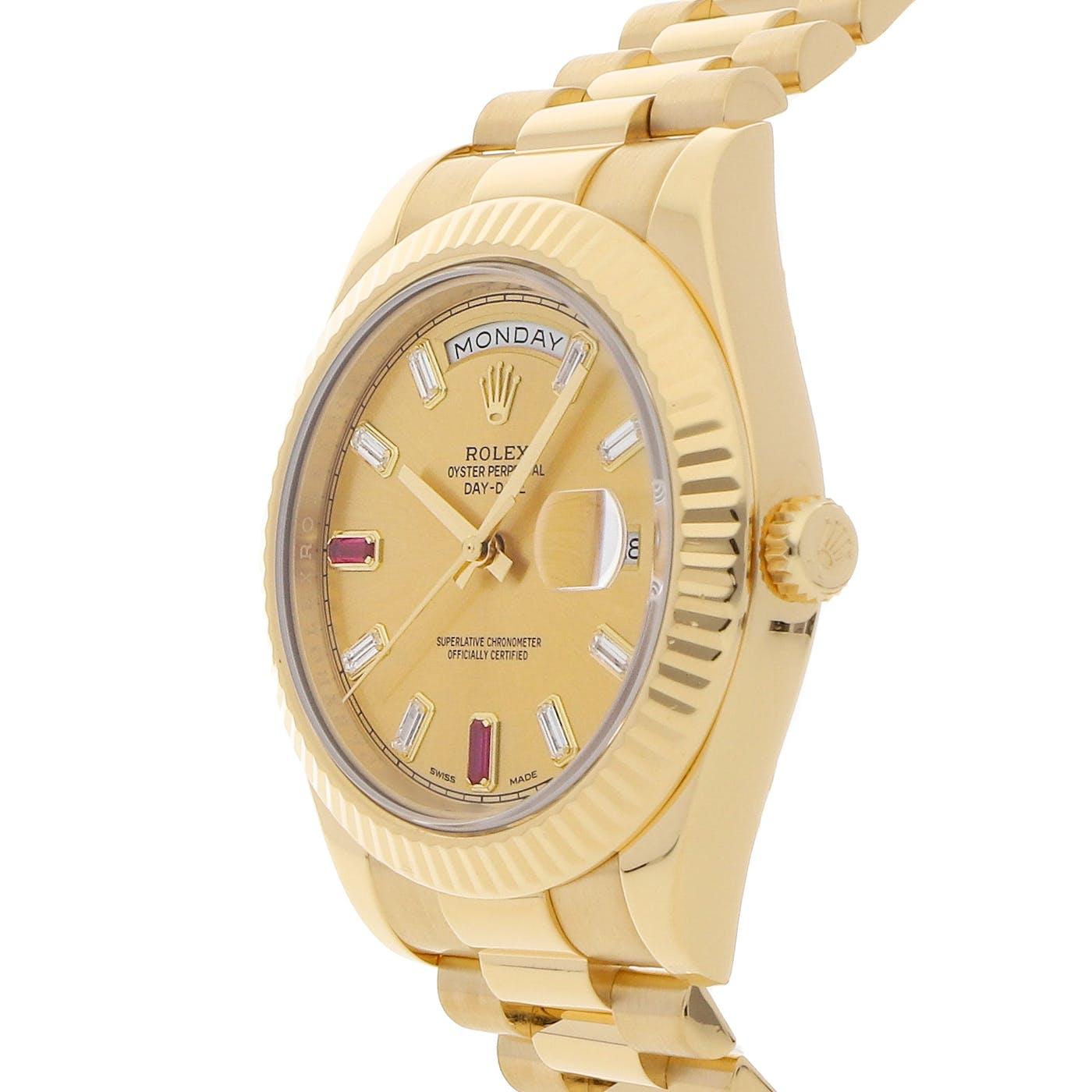 Rolex Day Date 2 41mm Yellow Gold Ruby and Baguette Diamond Dial 218238